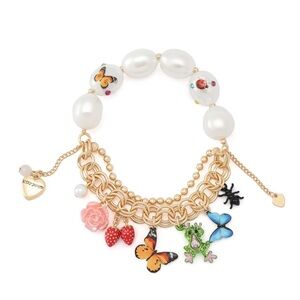 NWT Betsey Johnson Faux Stone Backyard Butterfly 🦋 Charm Pearl Stretch Bracelet